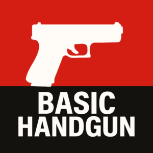 Basic handgun silhouette on red and black background.