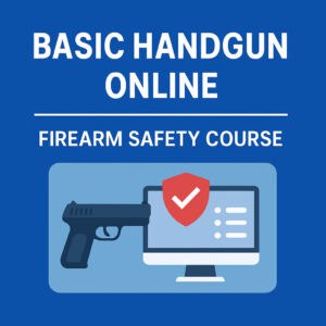 Basic Handgun Online Firearm Safety Course promotional graphic showing a handgun and computer screen with a shield icon.