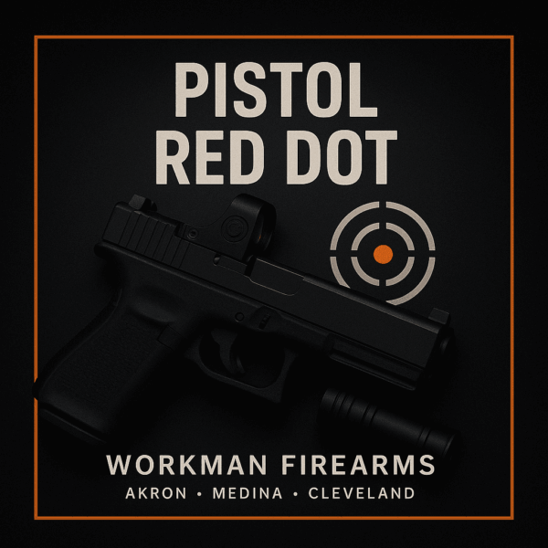 Pistol red dot class tile with slide‑mounted optic and target reticle icon.
