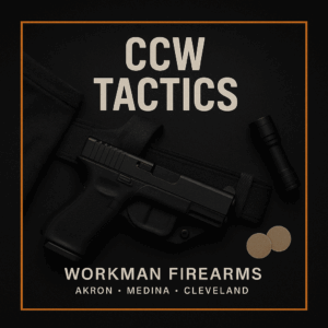 CCW tactics tile with holstered handgun, belt, flashlight, and pasters.