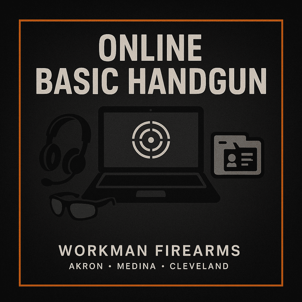 Online Basic Handgun tile with laptop target icon, headset, and safety glasses.