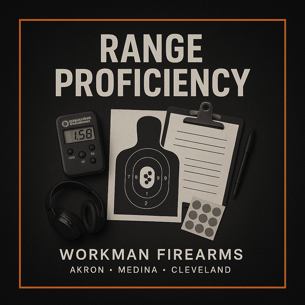 Range Proficiency tile with shot timer, silhouette target, ear protection, and score sheet.