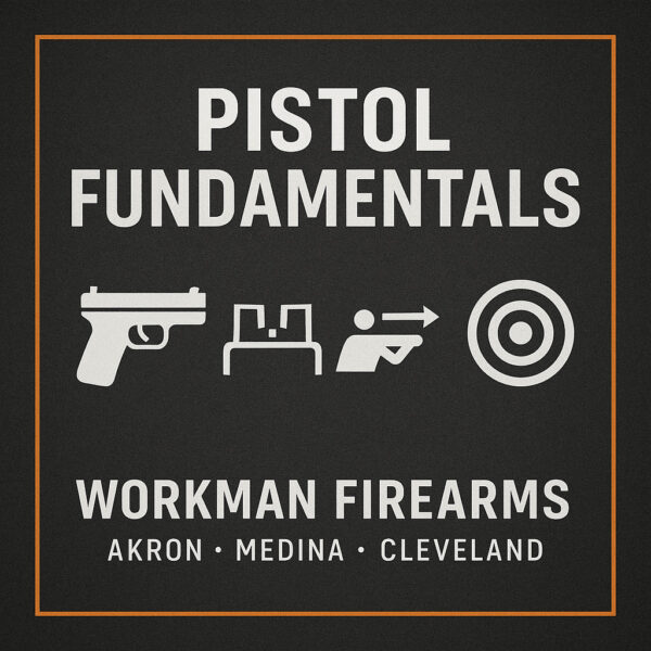 Pistol Fundamentals tile with pistol, sight picture, trigger press, and target icons.