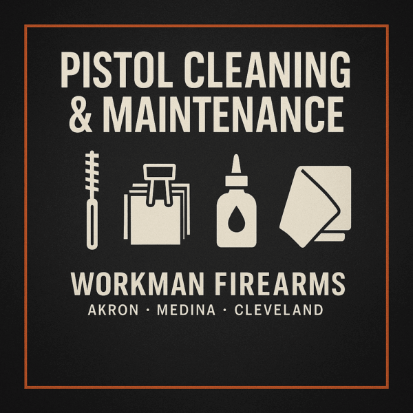 Pistol Cleaning and Maintenance tile with brush, kit, oil bottle, and cloth icons.