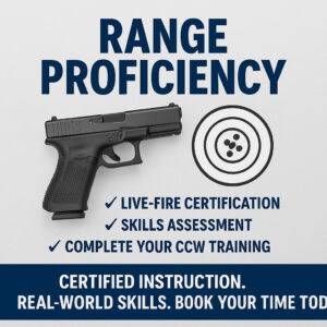 Promotional graphic for Range Proficiency training featuring a handgun and target with bullet points highlighting live-fire certification and skills assessment.