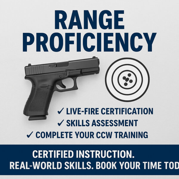 Promotional graphic for Range Proficiency training featuring a handgun and target with bullet points highlighting live-fire certification and skills assessment.