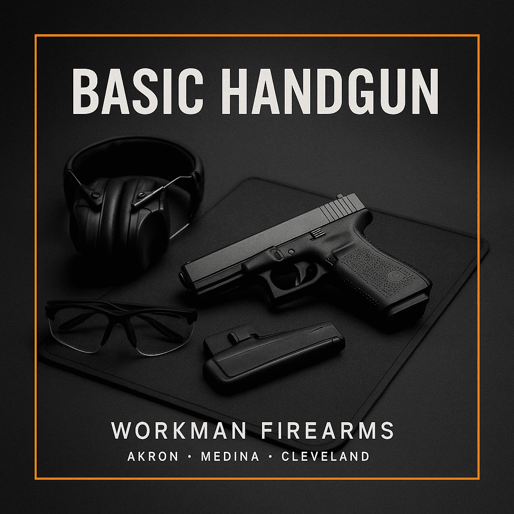 Basic Handgun class tile with safety gear on a matte black backdrop framed in orange.