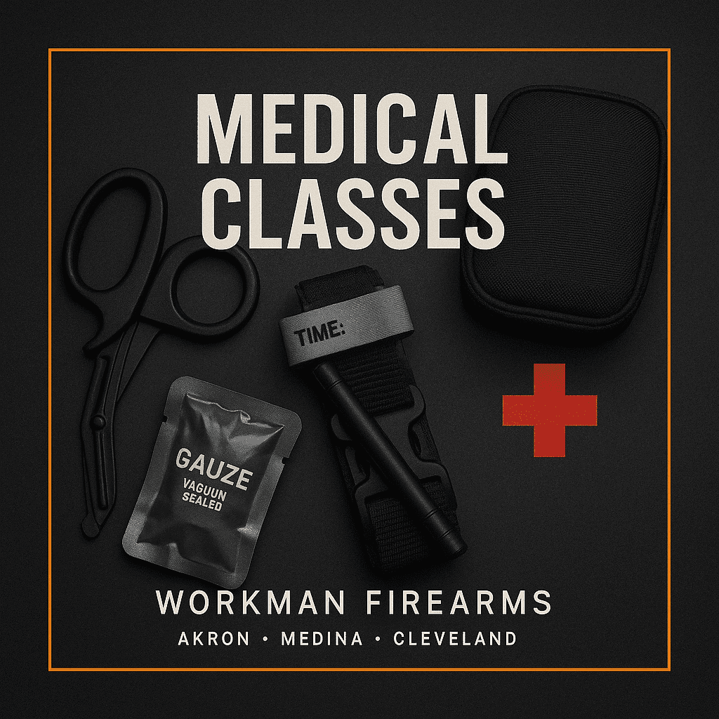 Medical classes tile featuring tourniquet, trauma shears, gauze, and med kit.