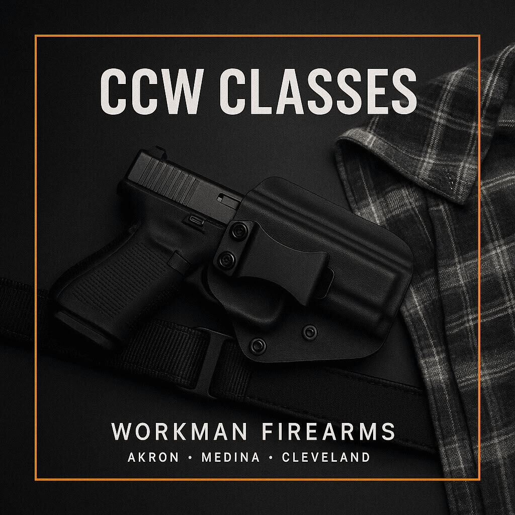CCW classes tile with concealed carry holster on dark textured background.