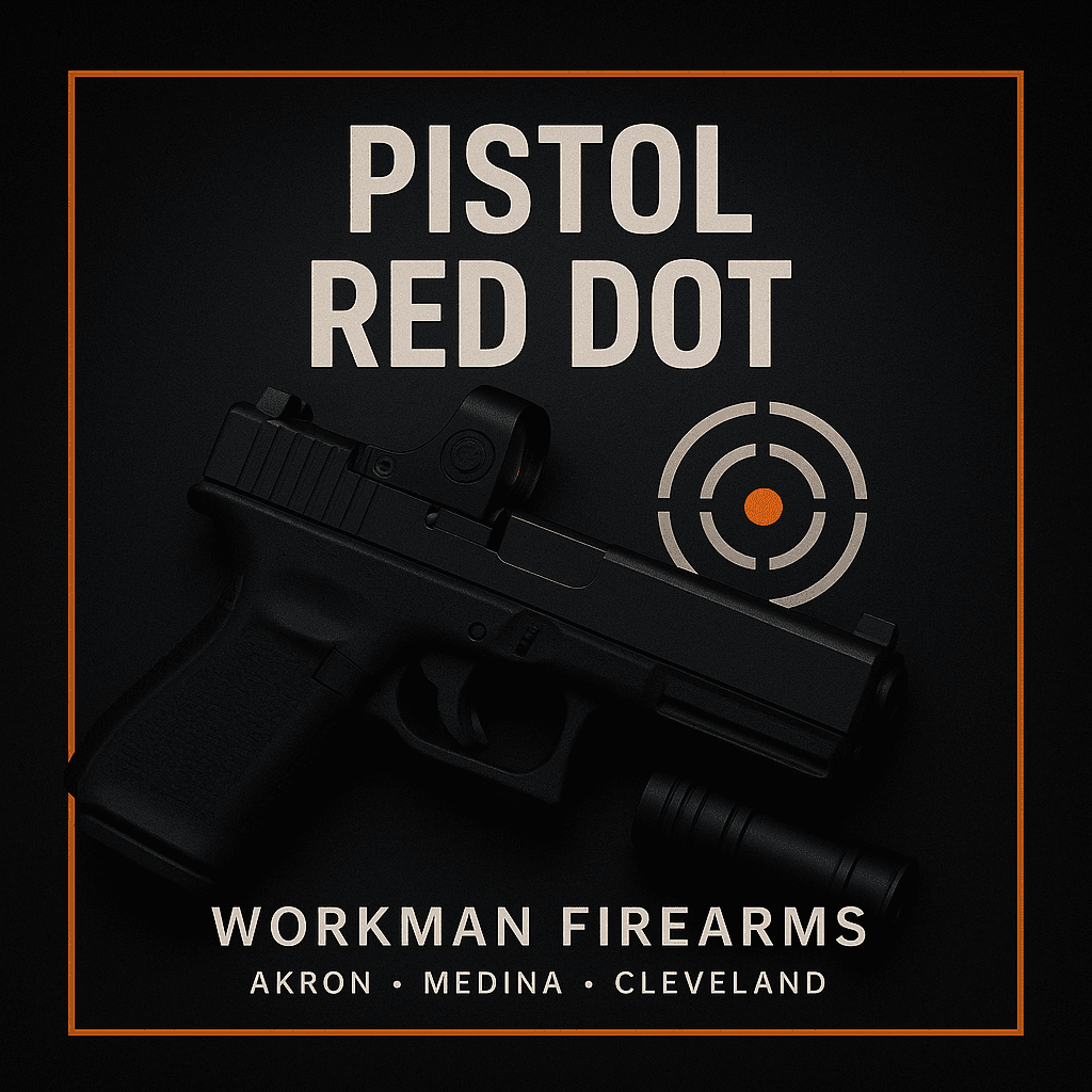 Pistol red dot class tile with slide‑mounted optic and target reticle icon.