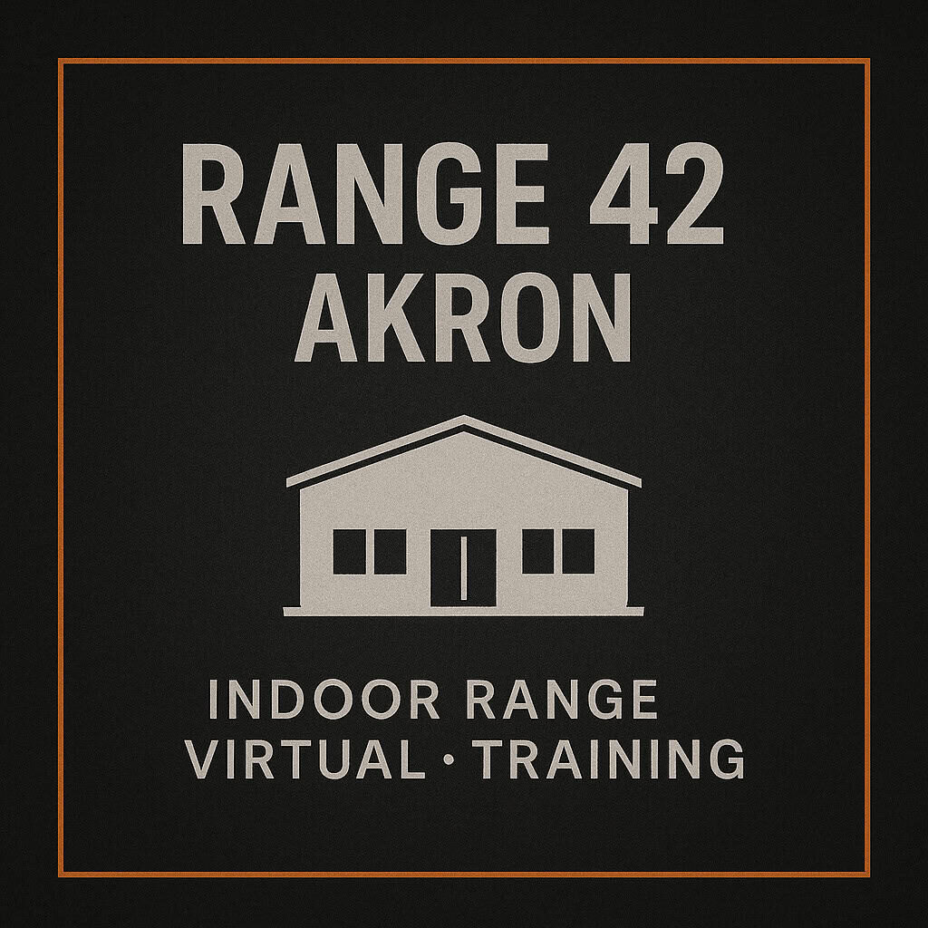 Range 42 Akron tile with building icon and text for indoor range, virtual, and training.