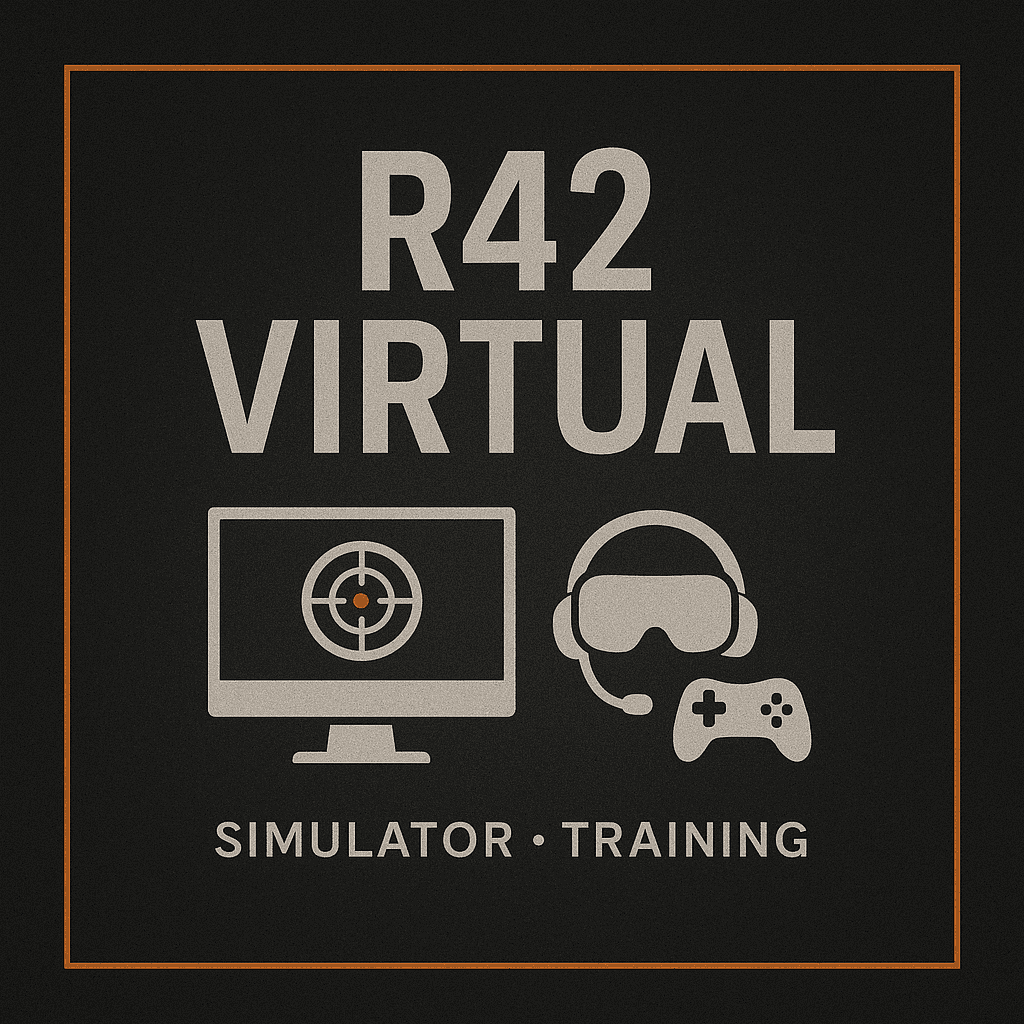 R42 Virtual tile with monitor target icon, headset, and controller on dark background.